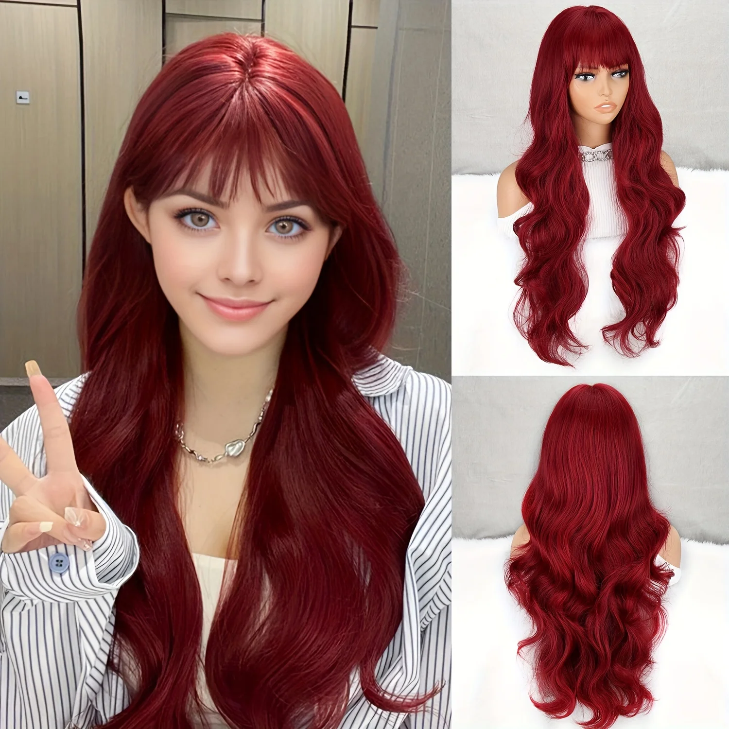 Длинные красные волнистые синтетические парики для женщин средней части красный