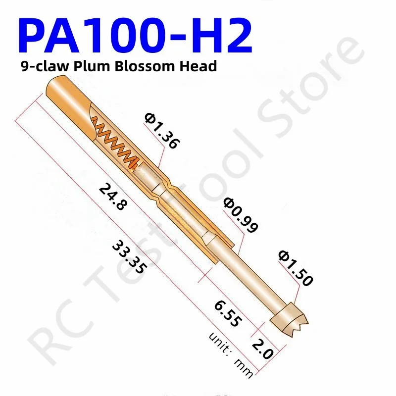 100PCS PA100-H2 33.35mm 9-claw Plum Blossom Head Test Pin Dia 1.50mm Needle Spring Test Probe P100-H2 Test Pogo Pin P100-H