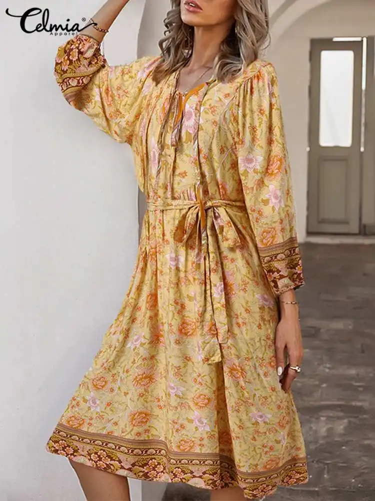 

Women Bohemian Bandage Waist Knee-length Dress Celmia Vinage Summer 3/4 Sleeve Floral Print Sundress Casual V Neck Lace Up Robe