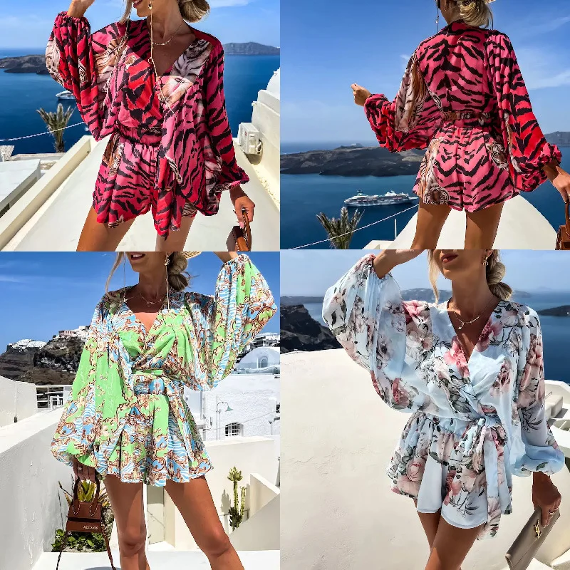 

New Women's Summer Digital Print Beach Top + Pants Two Pieces Ladies Beachwear Ladies Suit Ladies Shorts Set