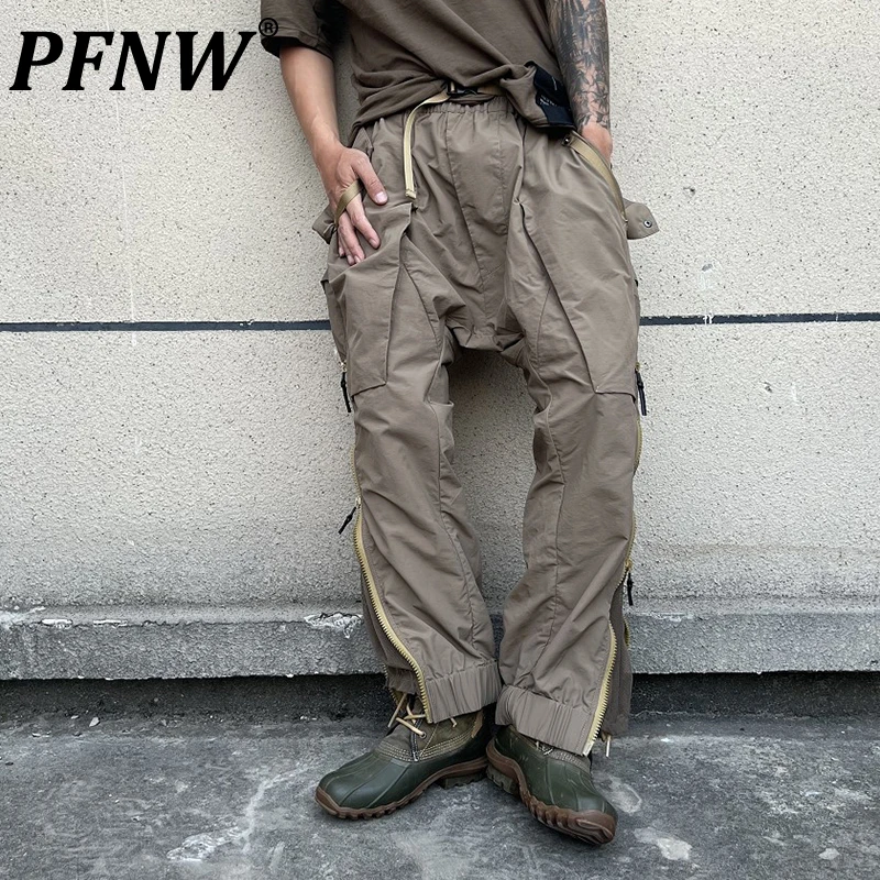 PFNW Autumn Winter Men's Fashion Baggy Cargo Pants Tide Zippers Pockets Nylon Sports Casual Hip Hop Loose Youth Overalls 12A7421