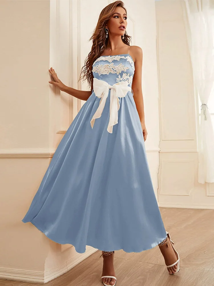 

Women Casual Elegant Maxi Dresses 2023 Summer Sexy Off Shoulder Embroidery Ribbon Slim Swing Turkish Evening Party Robe Vestido