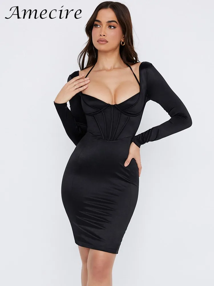 

Amecire сексуальное Сетчатое атласное платье-корсет в стиле пэчворк вечернее платье одежда в стиле рейв мягкое проводное платье с открытой спи...