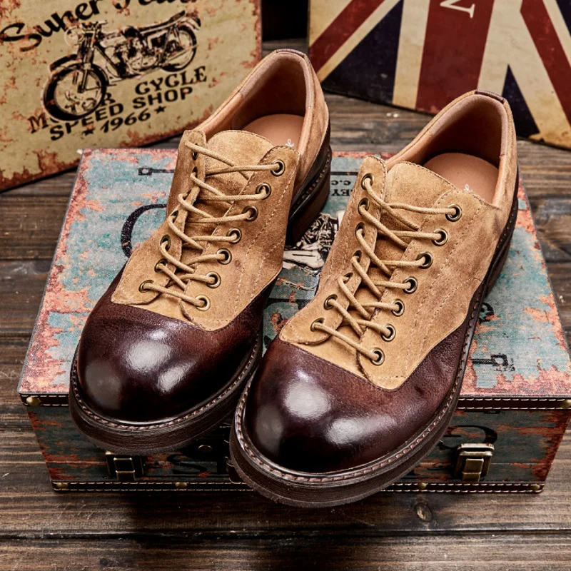 

Mens Vintage Work Round Toe Genuine Leather Shoes Business Man Retro Lace Up Colors Panelled Block Heels Formal Dress Shoes