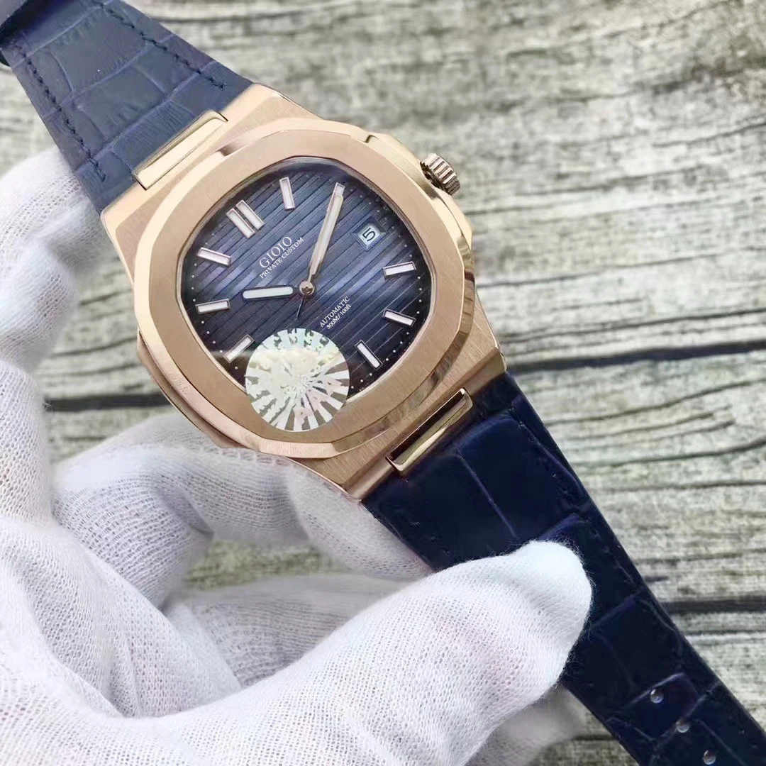 

men automatic mechanical watch blue Grey Leather