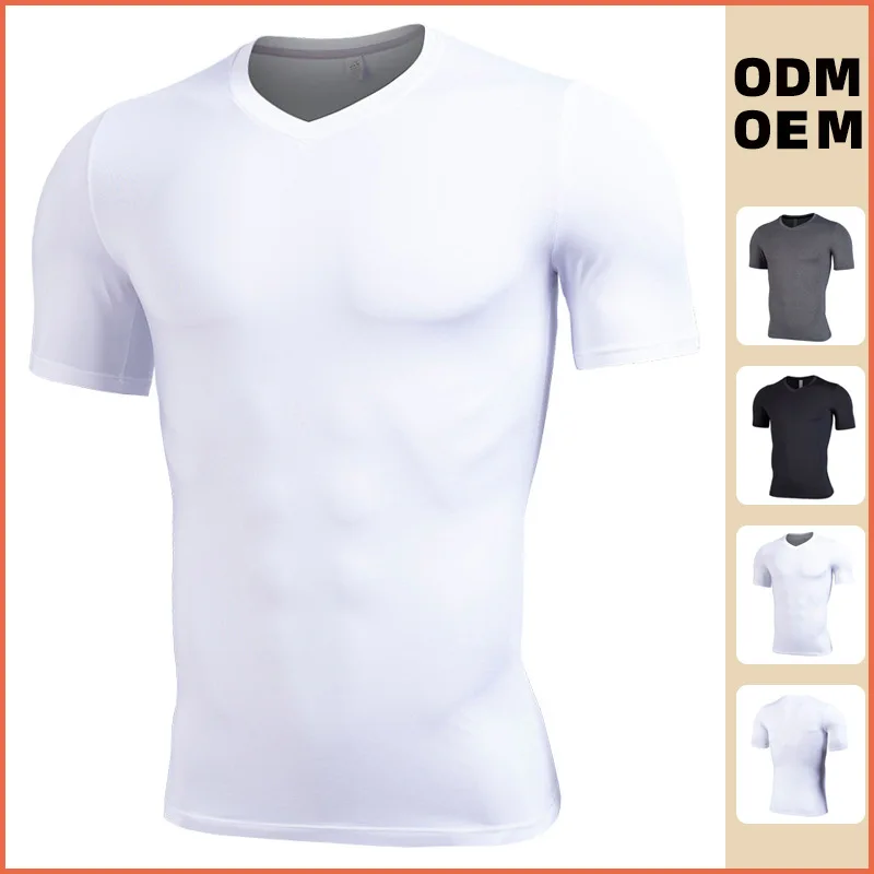 

Men Summer T Shirts High Elastic Slim Fit Tshirt Male Fitness Quick-drying V-neck Mens Short-sleeve Black White T-shirt Summer