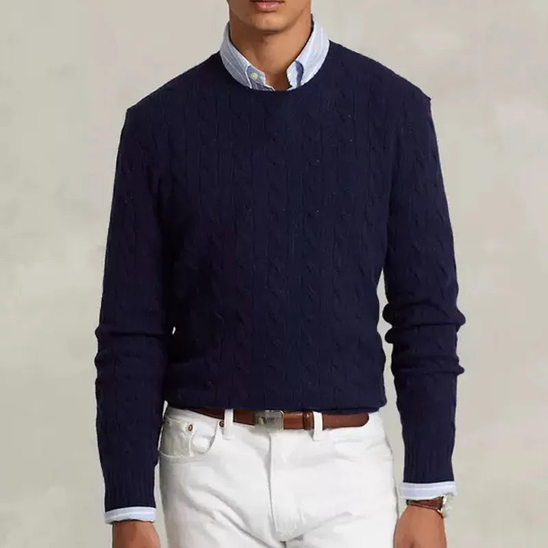 

Brand Men's Sweater 100% Cotton High Quality 2022 Early Autumn Cable Knitted Cotton Knit Sweater O Neck RL8519