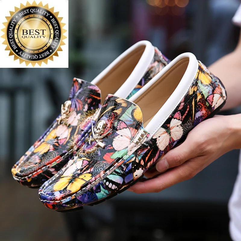 

Style Fashion Butterfly Printed British Leather Loafers Men Breathable Skull Casual Shoes Flats Slip-on Driving