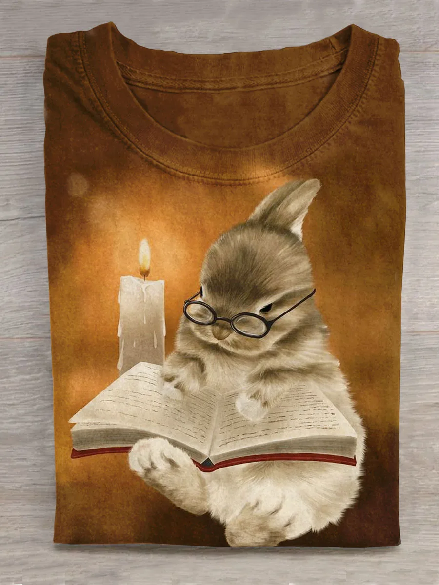 

Cute Rabbit Reading Book Art Print Casual T-shirt