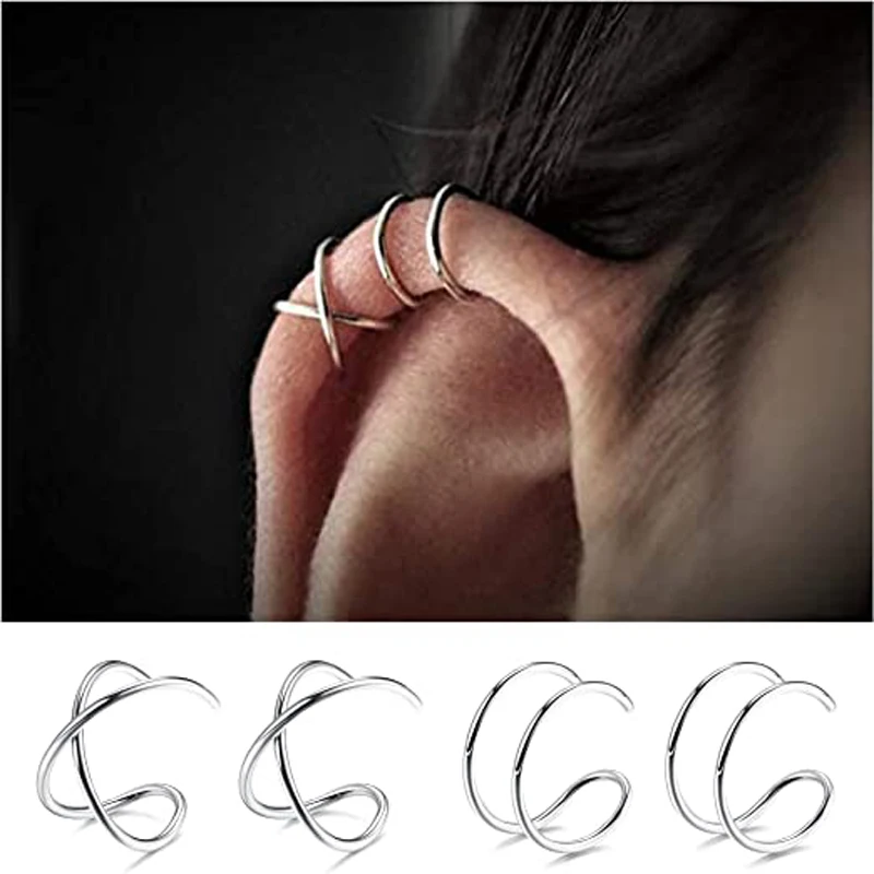 WKOUD 4 Pcs Stainless Steel Ear Cuff Criss Cross Double Lines Ear Non Piercing Minimalist Fake Helix Earcuff Cartilage Earring