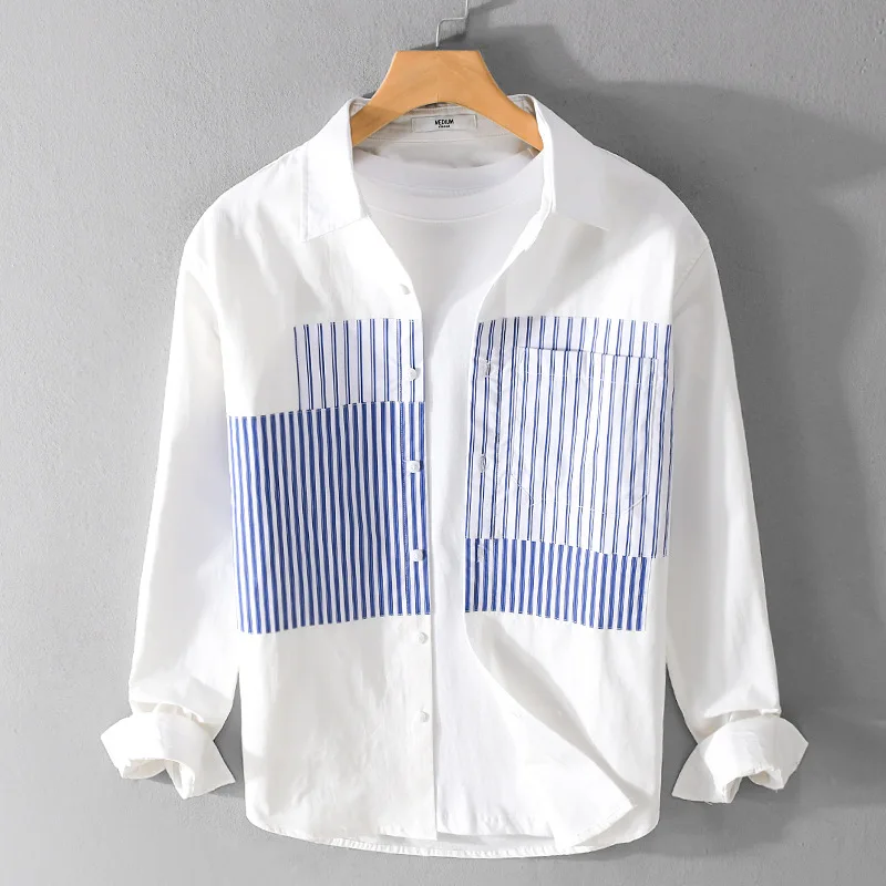 

High Quality Simple White Color 100% Cotton Shirts For Men Long Sleeve Patchwork Striped Youth Casual Plain Shirt Male Clothing