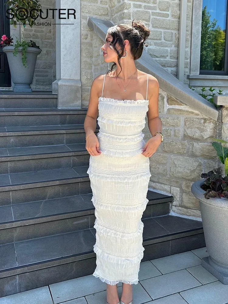 

Women Pleated Spaghetti Strap Party Dresses Ruffle Trim Bodycon Maxi Dress