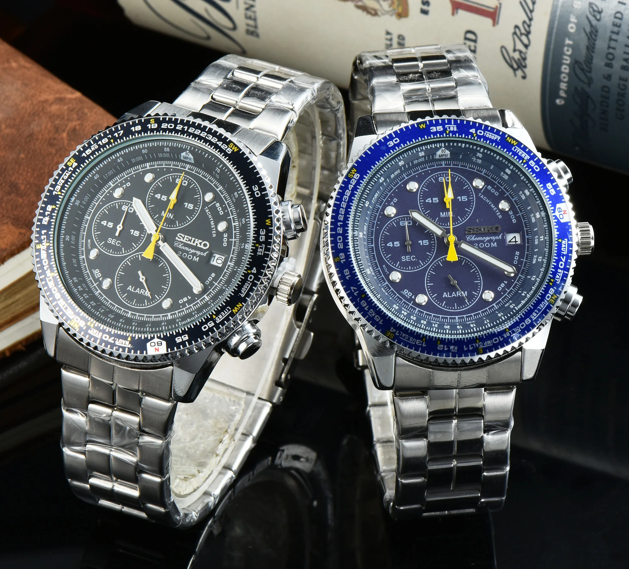 Pаспродажа Часы наручные Seiko мужские, роскошные светящиеся с чёрным циферблатом, с вращающейся перегородкой, с таймером полета