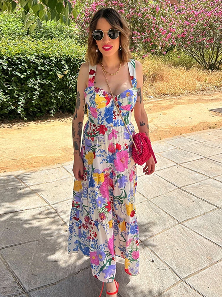 L Damska długa sukienka na tiul bez rękawów w stylu plażowym Elegancka z kolorowym nadrukiem i odkrytymi plecami t...