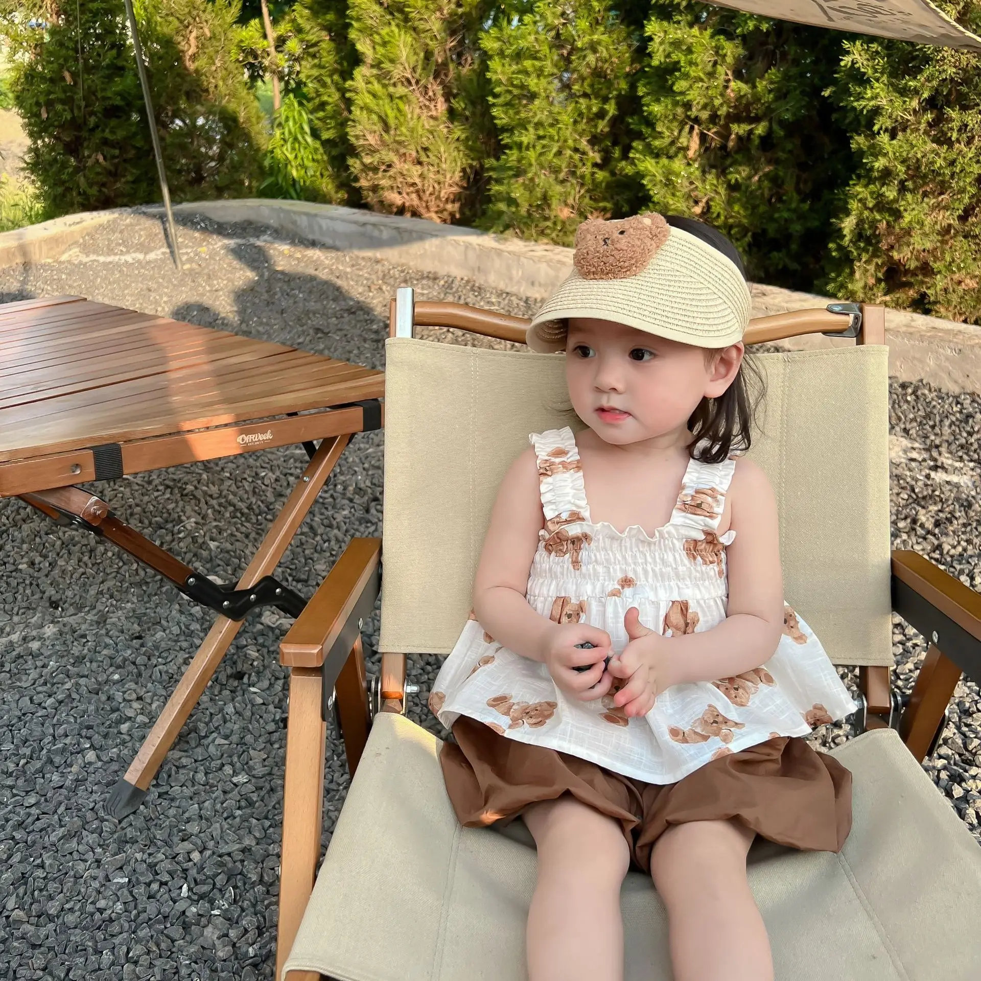 2022 Summer New Girls Vest + Shorts 2pcs Suit Cute Bear Print Children Casual Clothes Set Cotton Princess Baby Clothing Outfits