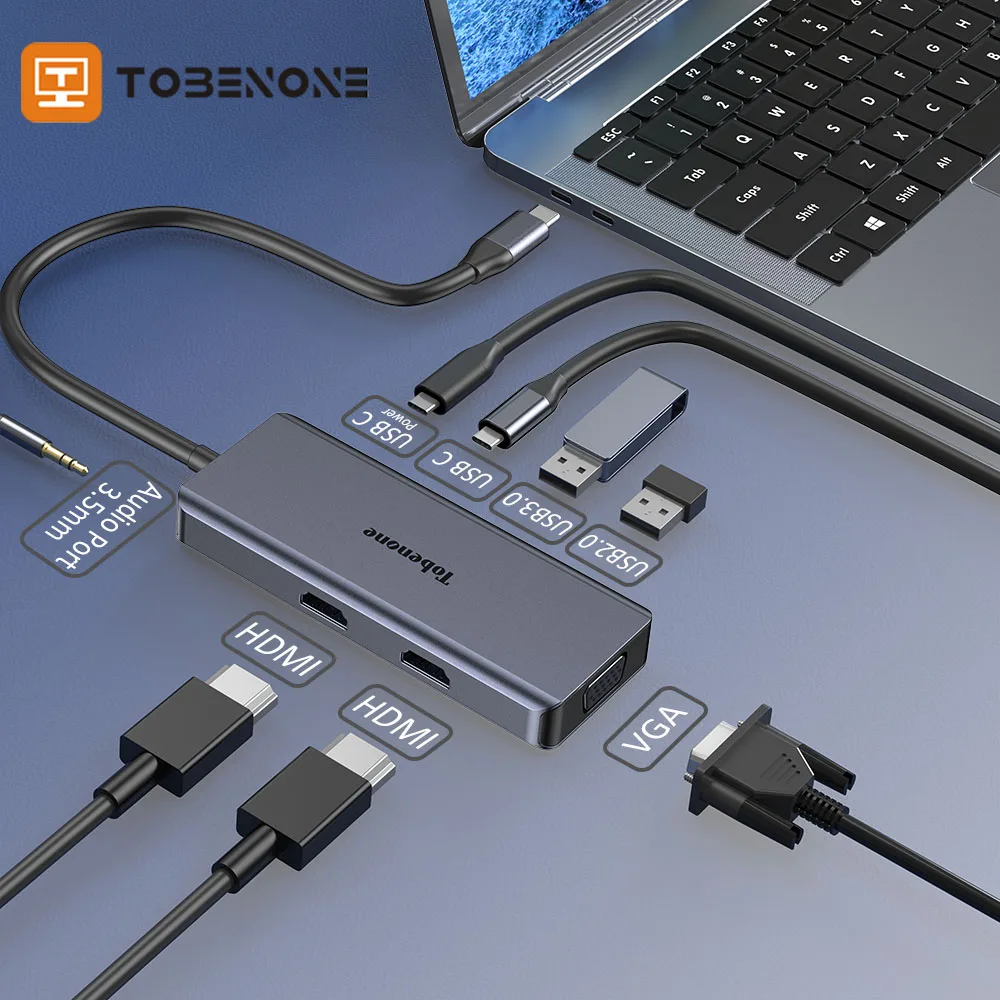 

Tobenone USB C Hub 2 HDMI Laptop Docking Station 4K Triple Display Adapter Type C Laptops Dock USB Splitter RJ45 for MacBook Pro