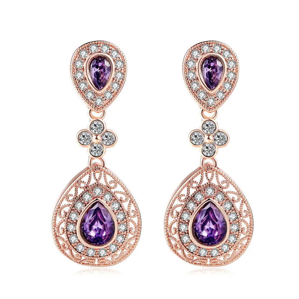 

Vintage Teardrop Drop Earrings for Women Hollow out Purple AAA+ Zircon Crystal Dangle Earring For Bridal Wedding Party Gifts