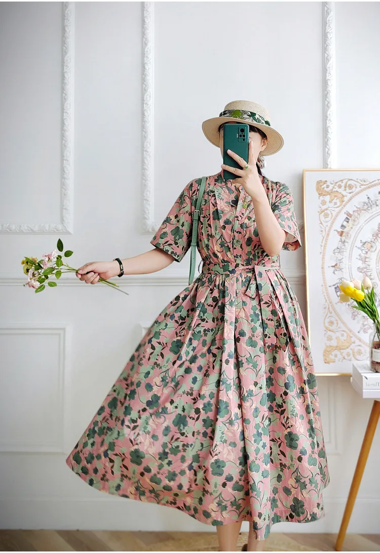 2023 Summer New Women's French Dress Cotton Flower Print Half Open Collar A Neck Big Swing Mid Length Shirt Dress