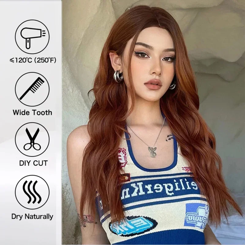 Длинные вьющиеся красно-коричневые синтетические парики средняя часть