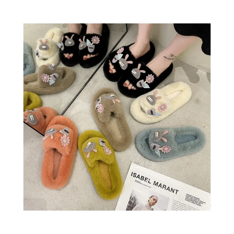 

Creative Cartoon Decals Cotton Slippers Thick Sole Plush Fluffy Fur Slipper Slides Platform Flat Indoor Chinelo Nuvem Chanclas