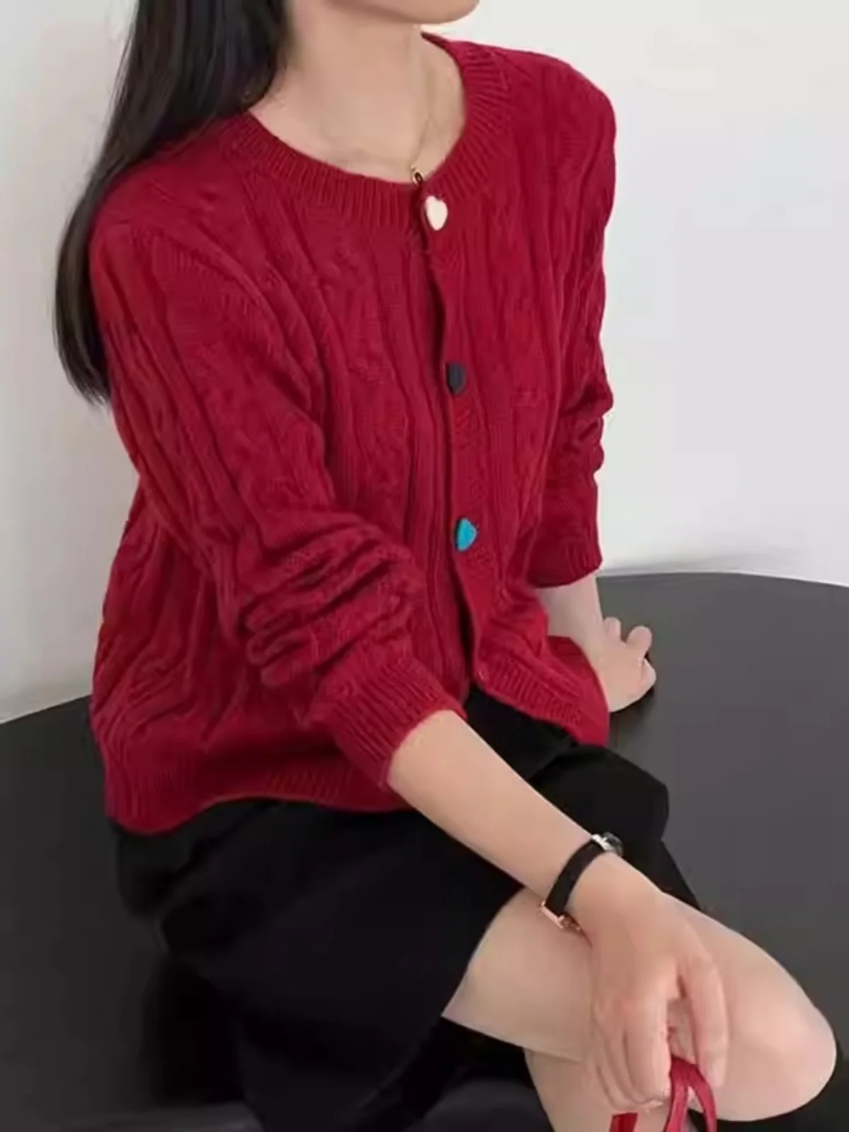 2024 Autumn and Winter All-Matching Retro Twist Color Love Button Solid Round neck sweater Knit cardigan Long sleeve Women's ...