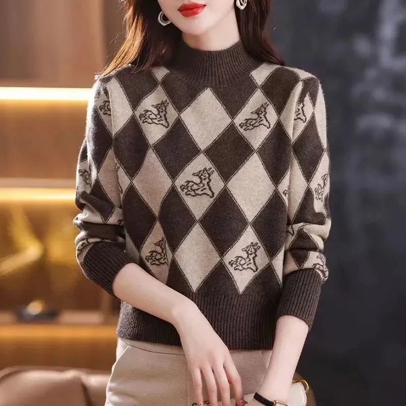 

Autumn Winter Knitted Sweater Tops Women Stylish Vintage Pullover Long Sleeve Half-high Collar Chic Fashion Jumpers Knitwear