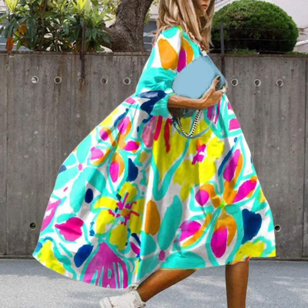 

Women Fashion O Neck Loose Office Party Dress Floral Printing O-Neck Loose Loose Office Party A-Line Dress for Outdoor Vestidos