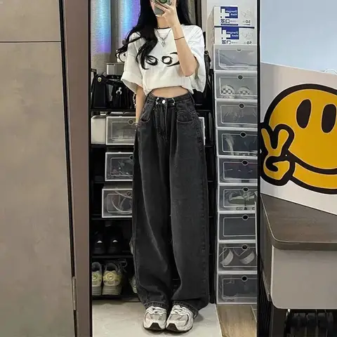 Jeans For Women High Waist Leisure Denim Trousers Wide Leg Denim Clothing Black Vintage Fashion Korea Loose Straight Pants