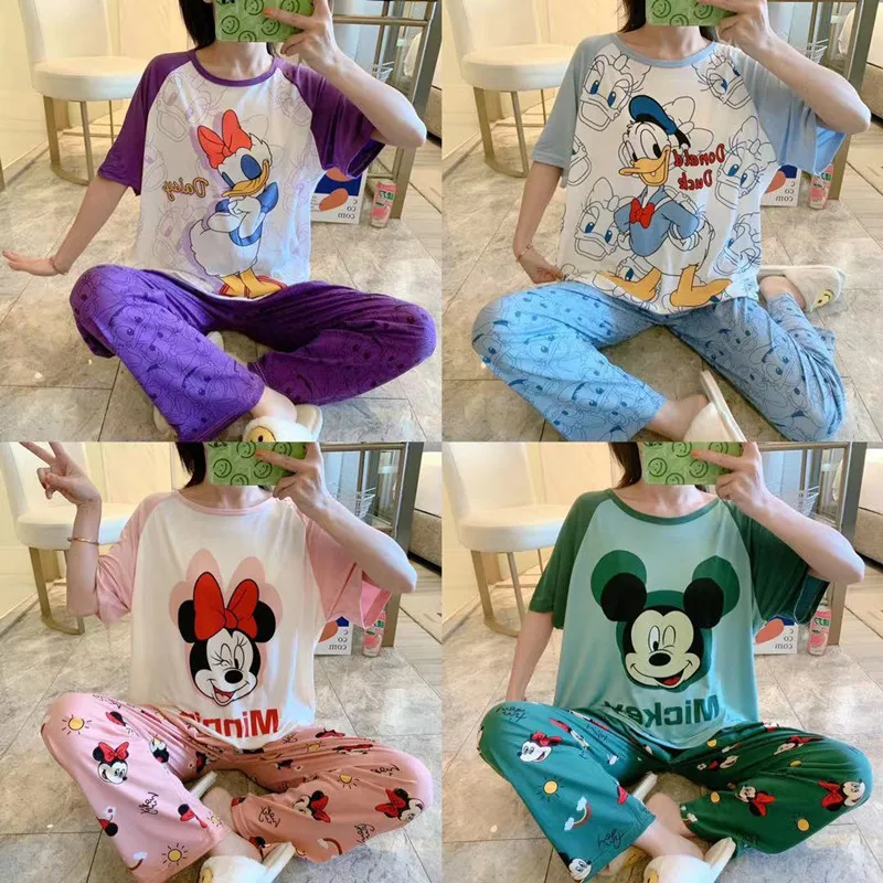 

Piyama Bergaris Mickey Kartun Baru Disney Setelan Pakaian Rumah Celana Panjang Lengan Pendek Wanita