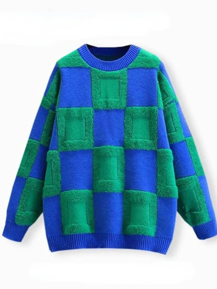 

HOUZHOU Casual Vintage Sweater Women Harajuku Plaid Oversized Pullover Knitted Autumn Winter Loose Long Sleeve Tops Y2k Chic