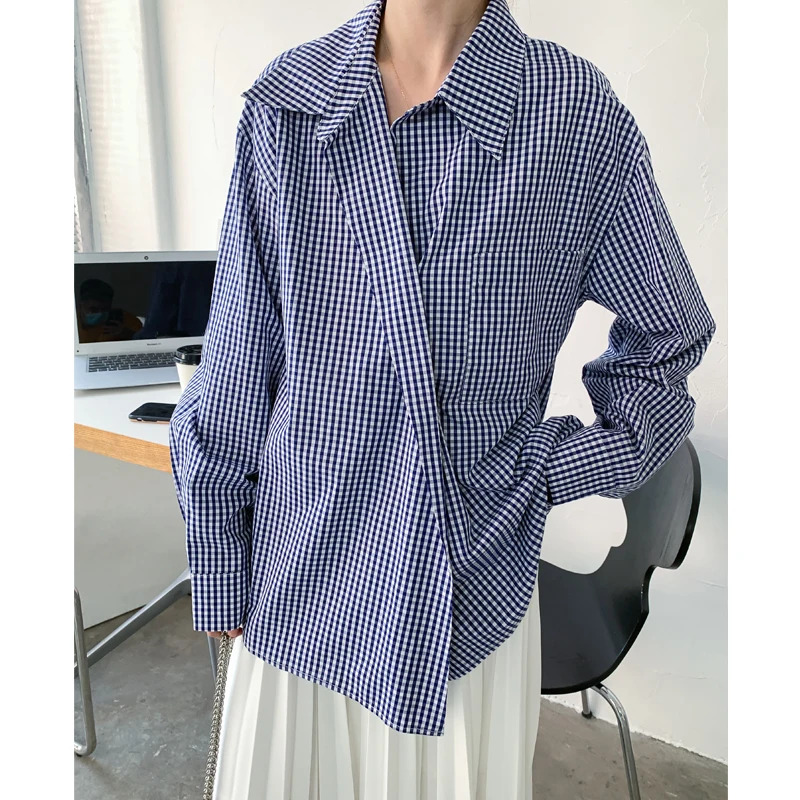 

SuperAen 2022 New Design Irregular Turn Down Collar Blue Plaid Full Shirt Loose Casual Women Tops