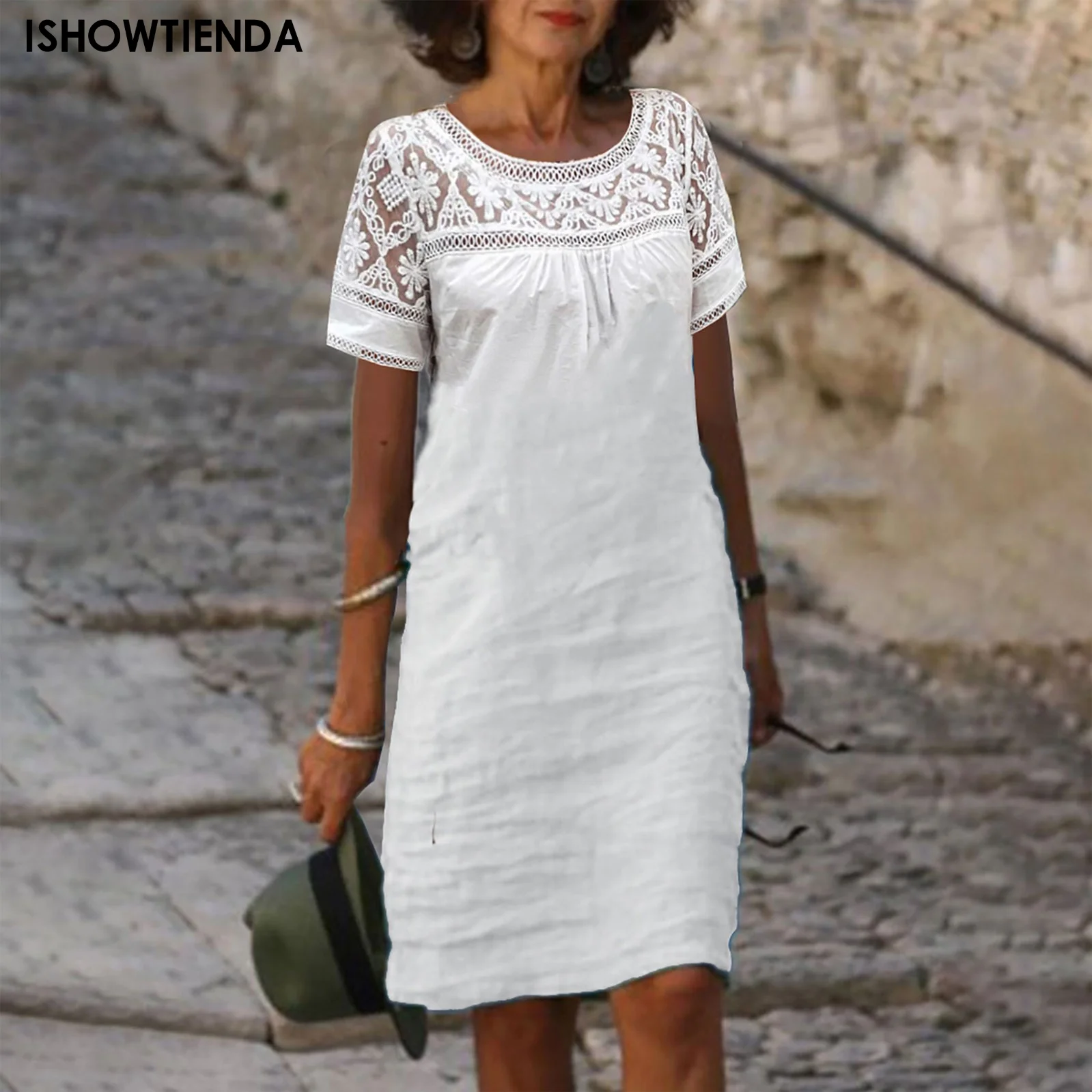 

Женское кружевное платье-трапеция с коротким рукавом и V-образным вырезом