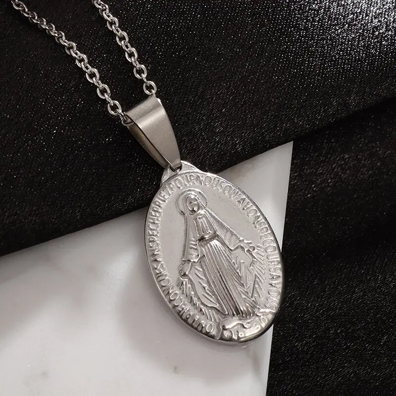 

New Stainless Steel Virgin Mary Necklace Men Women Classic Catholic Prayer Protection Pendant Jewelry Gift