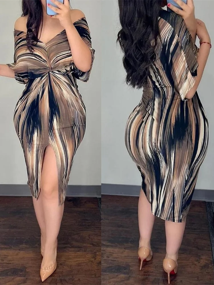 

Mandylandy Women Elegant Summer Print Chiffon Bodycon Dress Fashion Female Y2K Off Shoulder V Neck High Waist Slit Dress