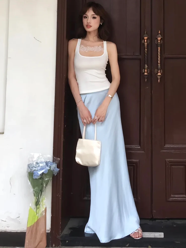 Blue Silky Satin High Waist Fishtail Skirt for Women Summer New High-Grade Drape Mid-Length Elegant A- line