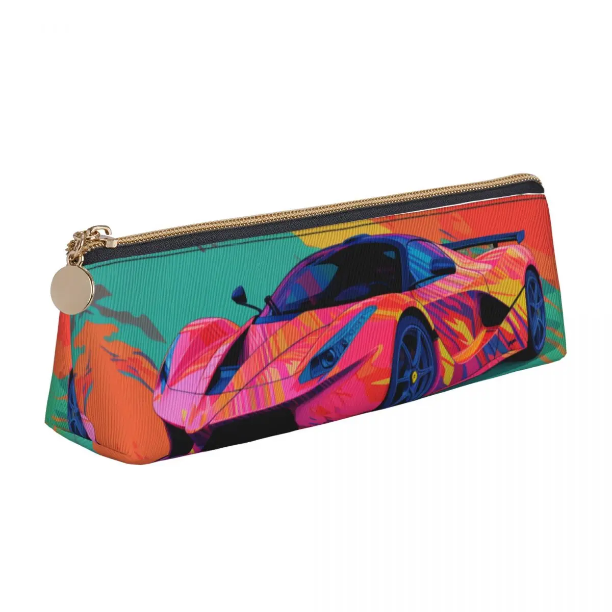 

Passionate Sports Car Leather Pencil Case Neo Fauvism Cover Art Back to School Pencil Box Fashion Large Triangle Pen Bag