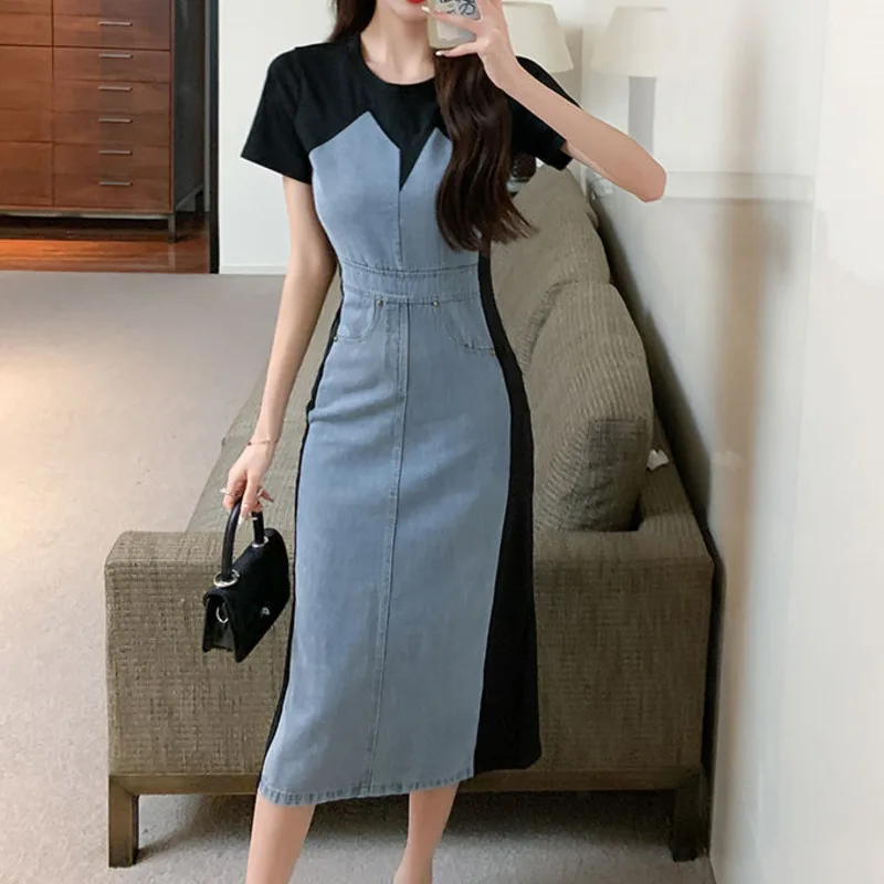 

Denim Dress 2022 Summer Short Sleeve Patchwork Korean Fashion Streetwear Casual Slim Long Dresses Elegant Women Vestido