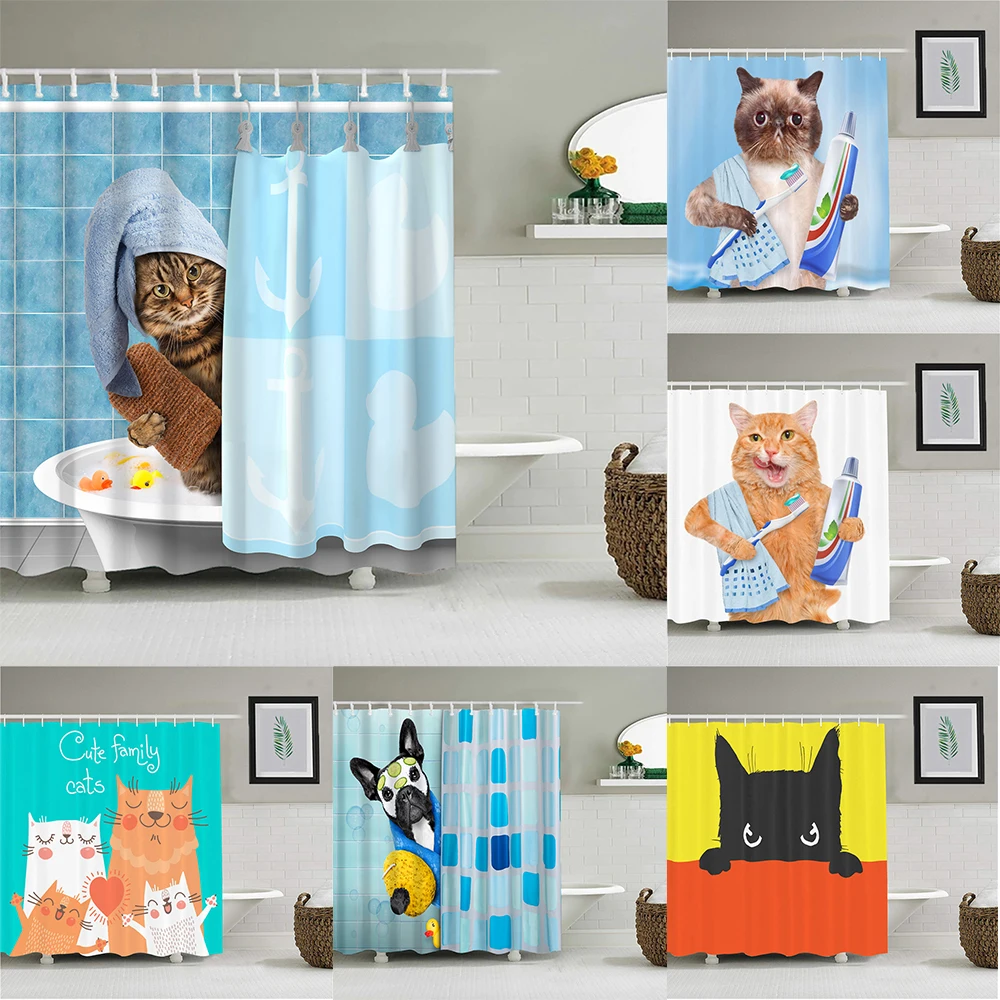 

Funny Cartoon Cats Shower Curtains Bathroom Curtain With Hooks Decor Waterproof 3d Cat Bath Creative Personality Shower Curtain