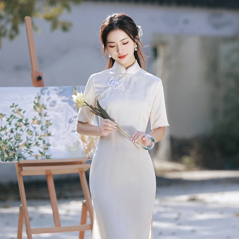 

Cheongsam 2023 New Spring/Summer Women's Daily Elegant Slim Fit Improvement Chinese Style Mid Length Jacquard Dress