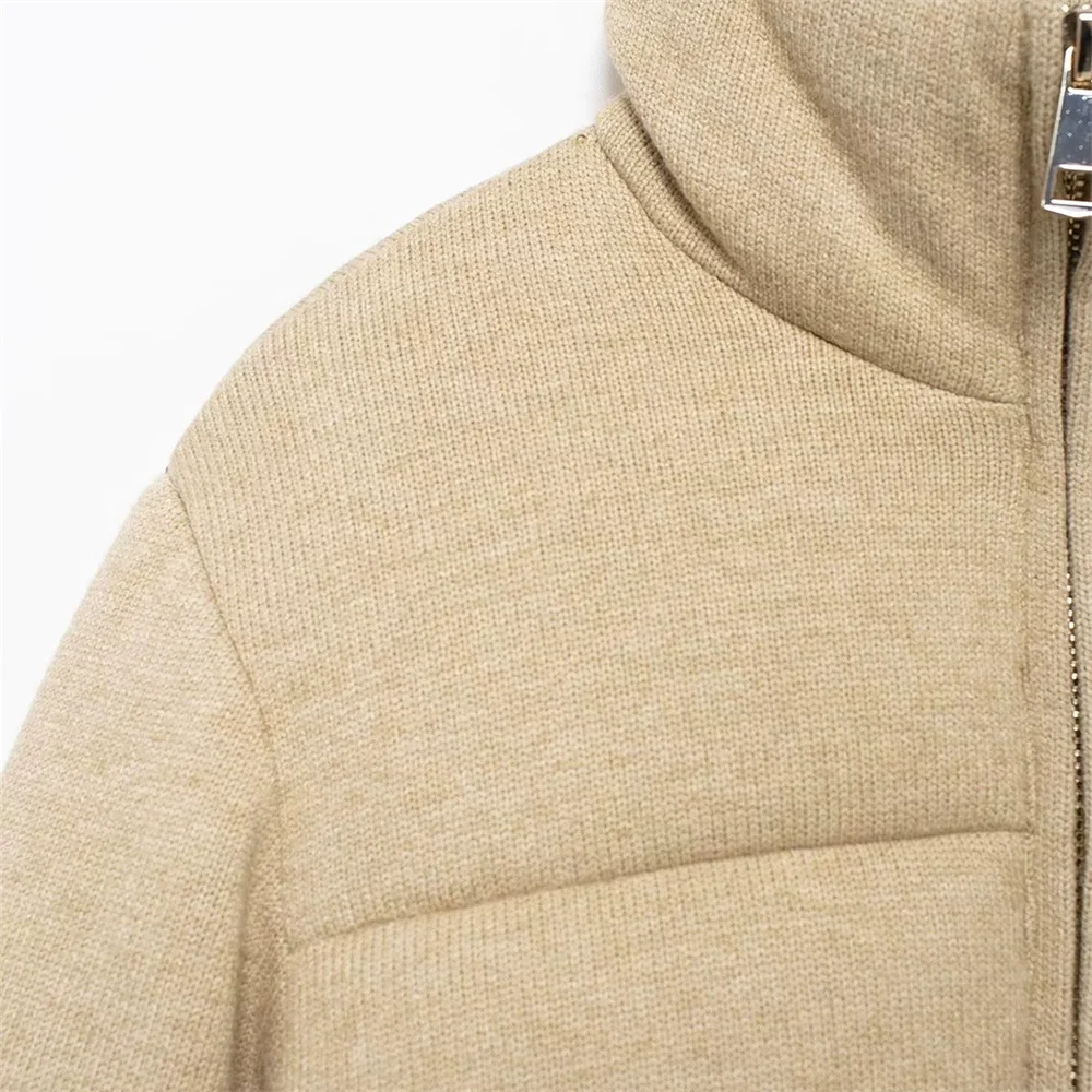 ZARF Зимняя новая женская вязаная куртка-пуховик с воротником-стойкой и длинными