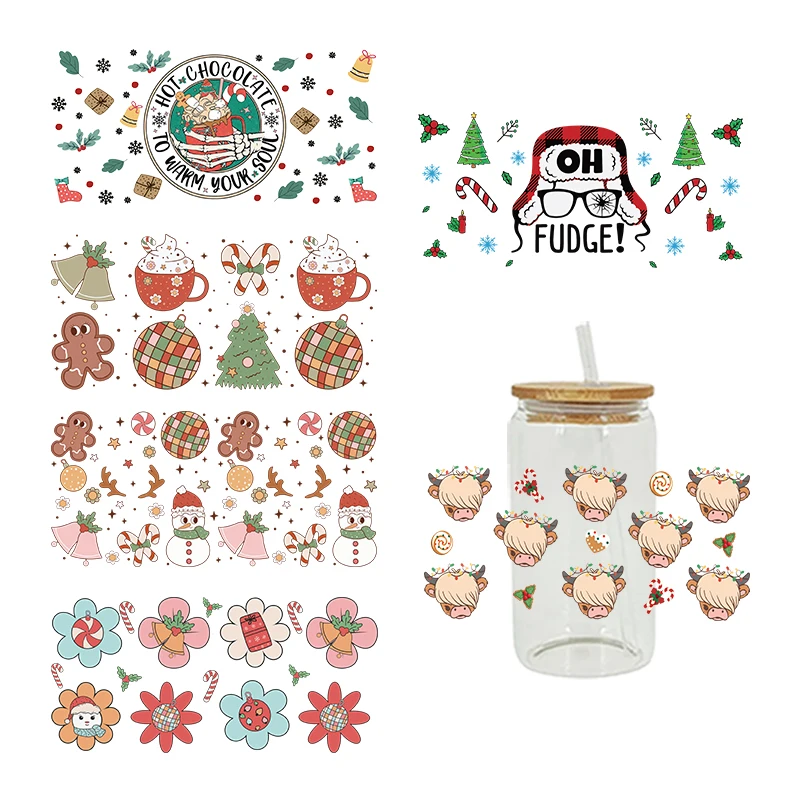 Рождественская оберточная кружка Uv Dtf наклейки для переноса утюга стеклянной