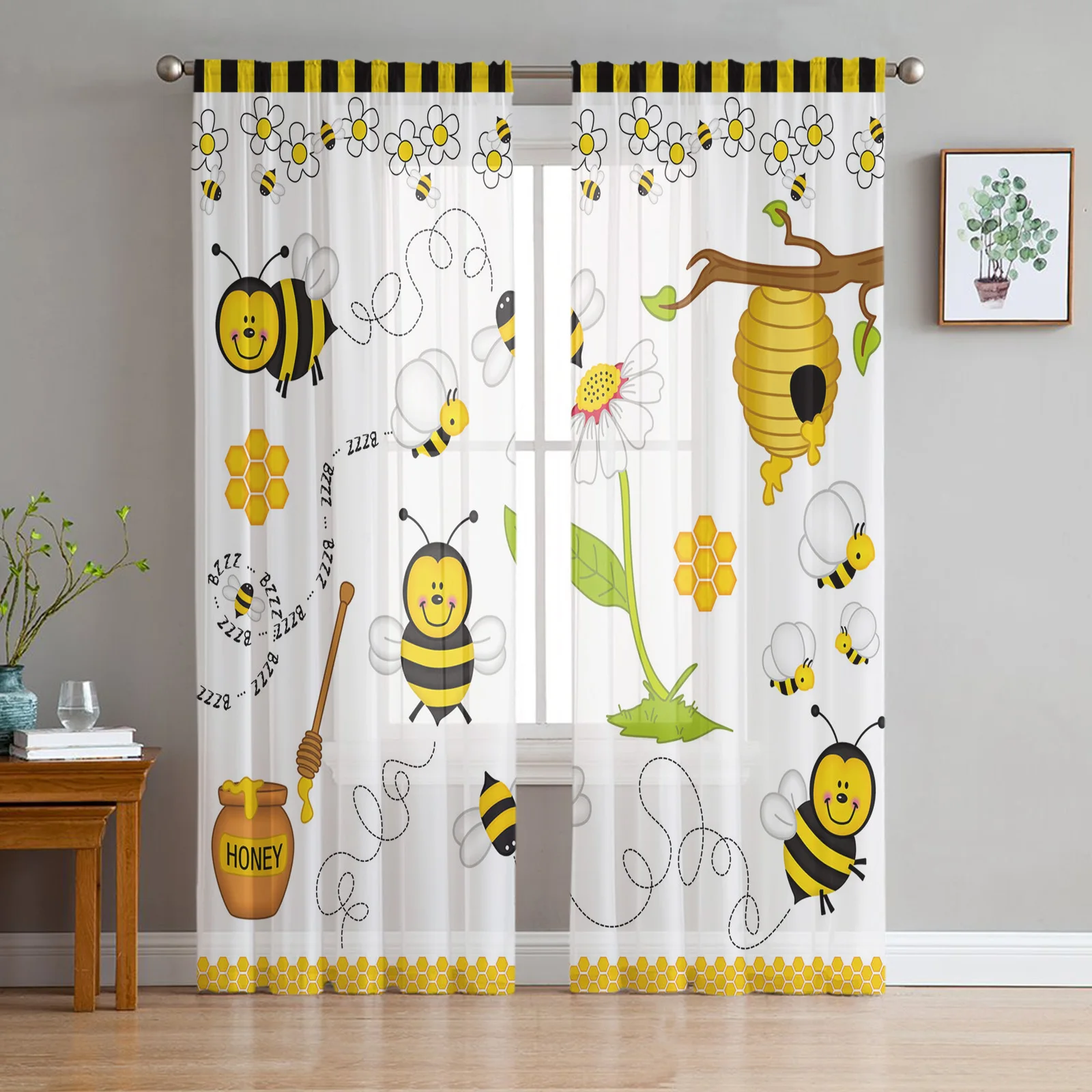 

Bee Cartoon Tulle Sheer Curtains for Living Room Decoration Drapes Bedroom Kitchen Voile Organza Window Curtain