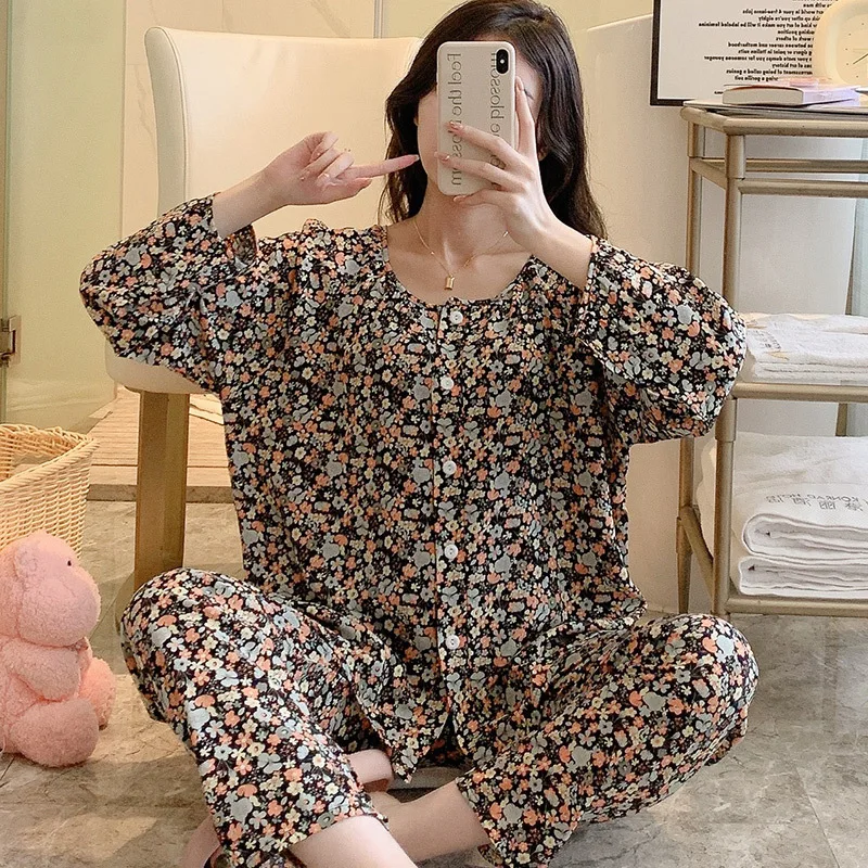 Ladies Pajamas Set Cotton Silk Long Sleeves Floral Cardigan Pijamas Sleepwear Sweet Pijamas Women