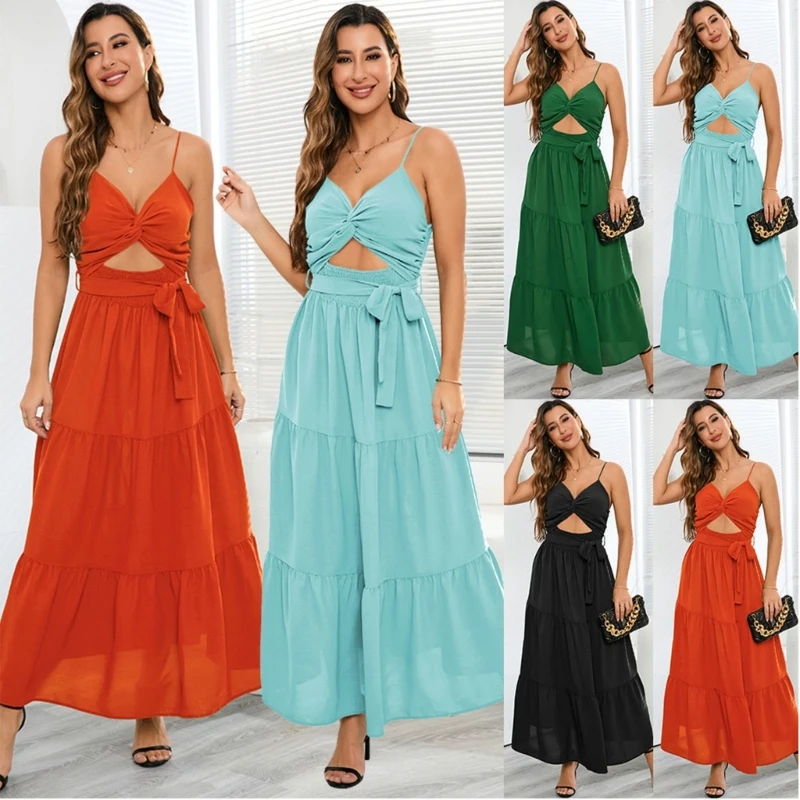 

Womens Spaghetti Strap Cutout Twist Front A-Line Flowy Long Dress Solid Color Belted High Waist Tiered Ruffle Cami Dress