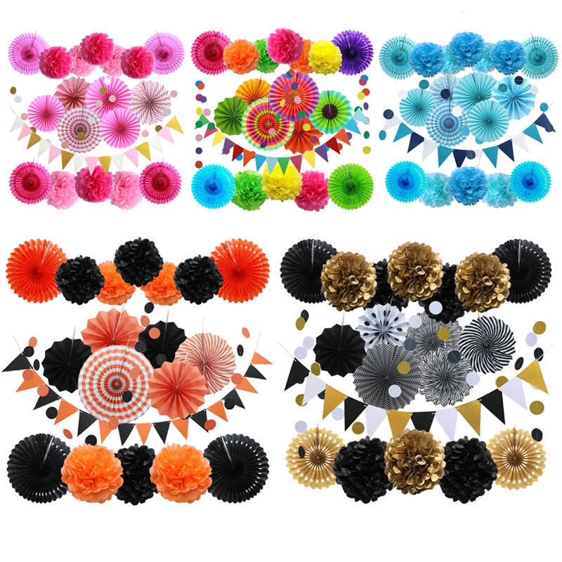 

Halloween set 20pcs/set Black and Gold Hanging Paper Fans Paper pompom Triangle Bunting Flags Birthday Wedding Party Decoration