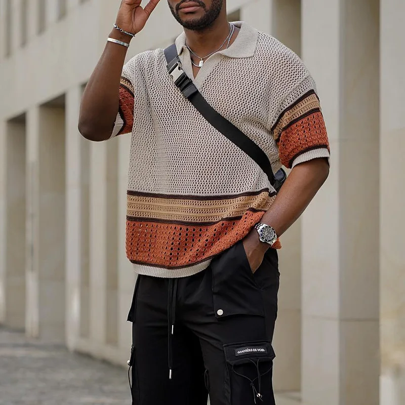 

Men Knit Tops Striped Patchwork Polo Shirt Casual Summer Vintage Short Sleeve T-Shirt Loose Clothing Sweater Hollow Out Pullover