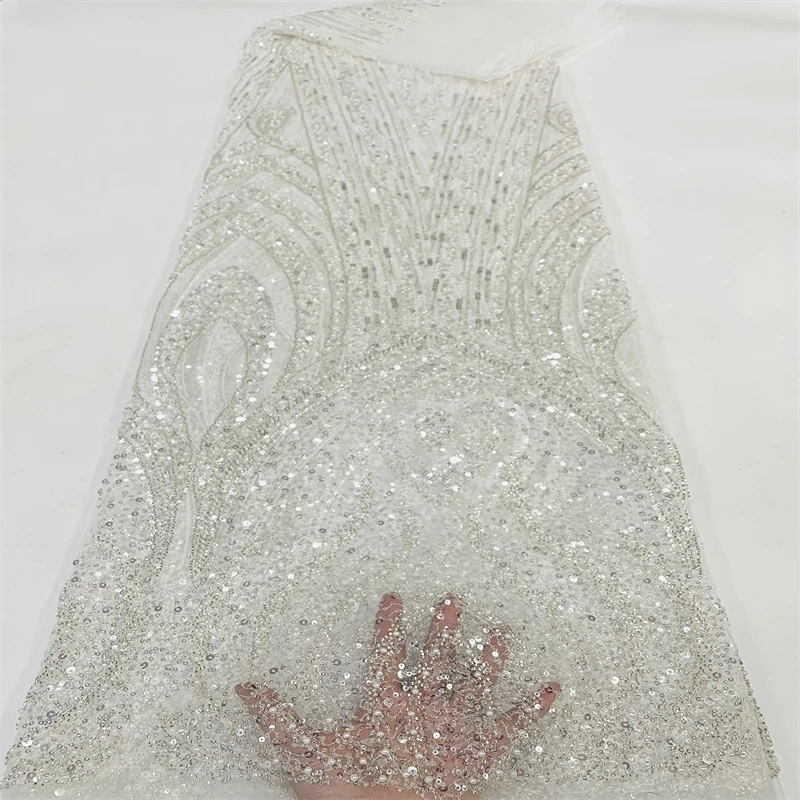 

2022 Handmade Beads Lace Fabric white color Tulle Mesh Lace Fabrics French Beaded Lace for Nigeria Bridal Lace FJ-410