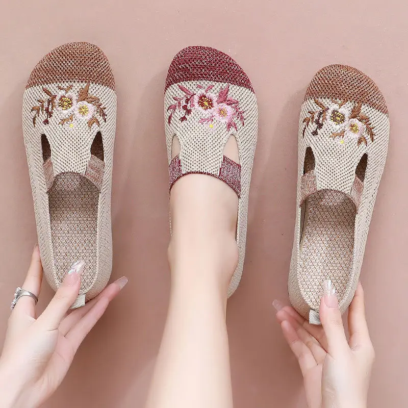 Comfortable Knit Flats Women's Shoes 2023 New Slip On Sneakers Mom Driving Loafers Woman Breathable Flower Ultra Light Flat Shoe