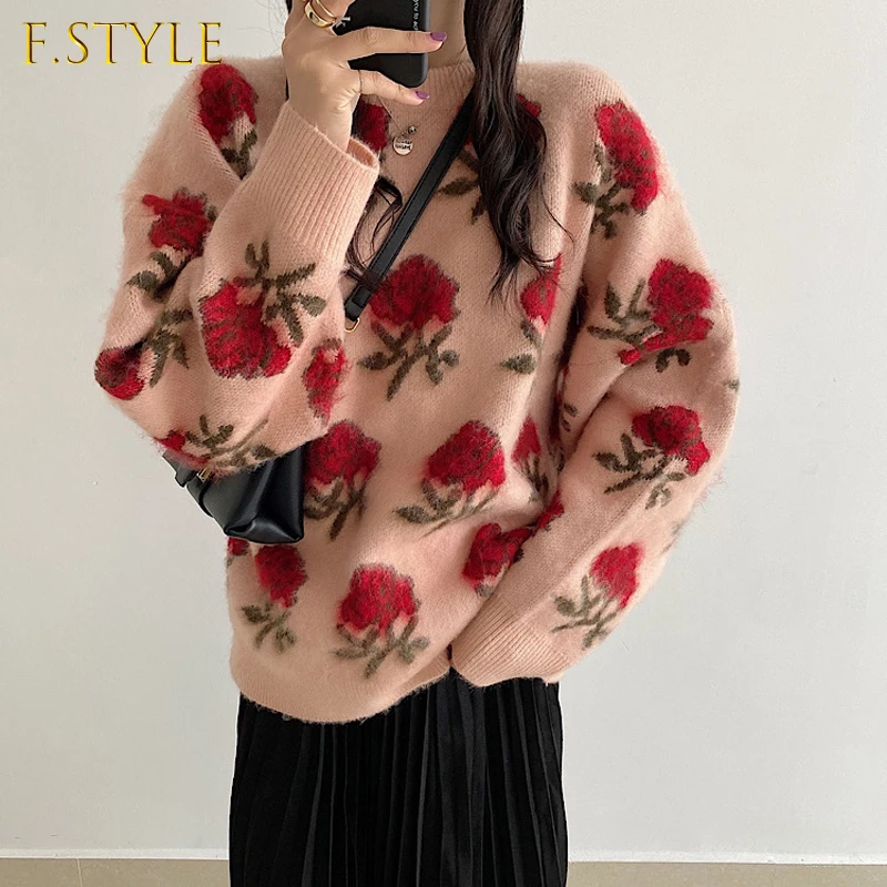 Comelsexy Knit 2021 New Autumn Winter Vintage Pullover Flower Embroidery Casual Loose Sweater O-Neck Outwear Tops