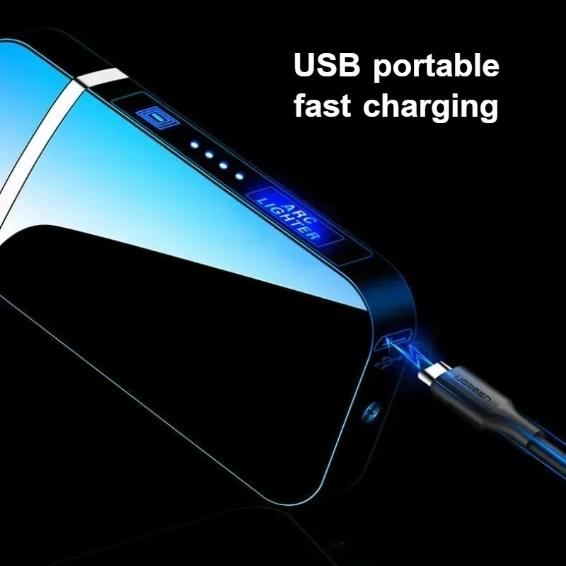 Фото Новая уличная ветрозащитная металлическая зажигалка с двойной дугой, USB-зарядка, сенсорное управление, аксессуары для курения, подарок для мужчин №3